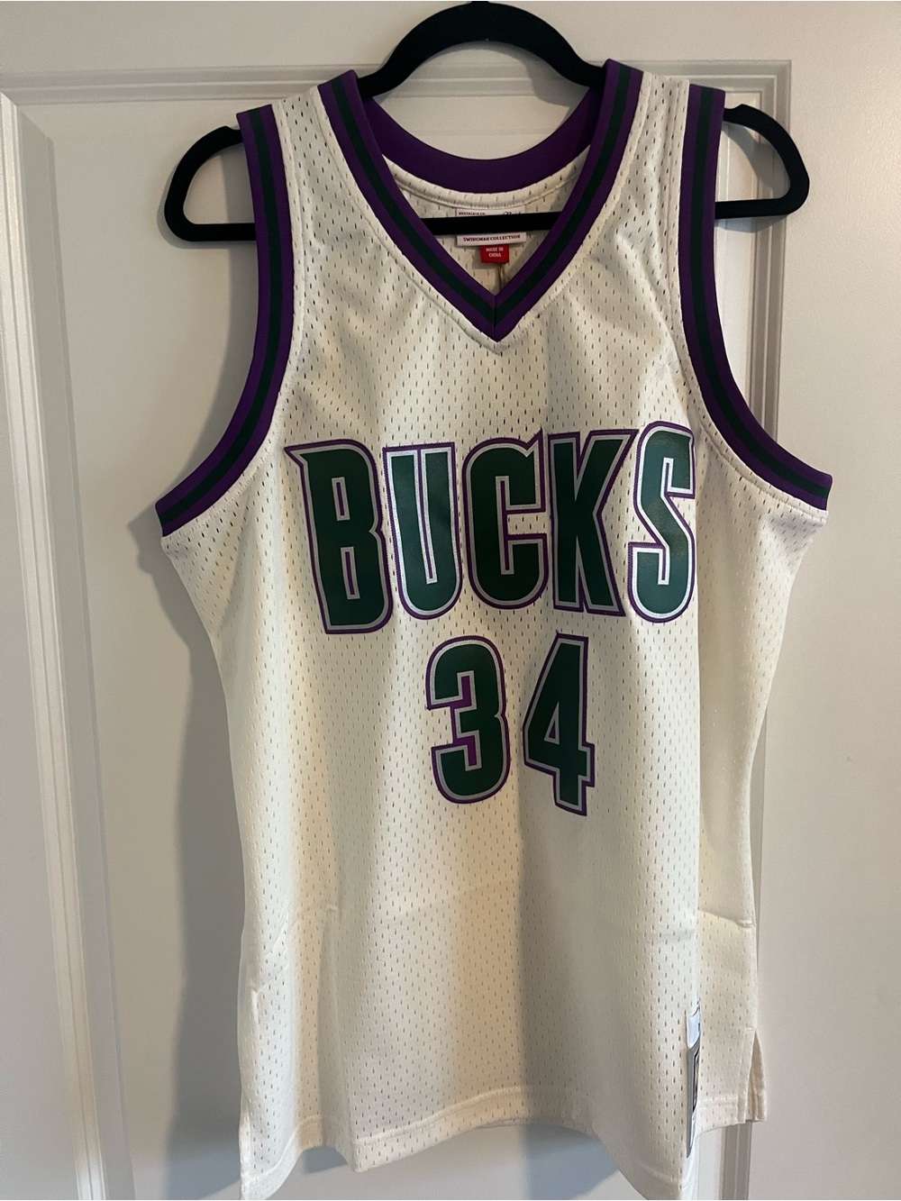 Mitchell & Ness White, Green & Purple Bucks #34 Jersey